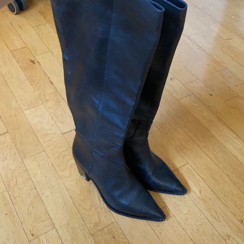 Black brand tall Leather boots, heals, sharp nose